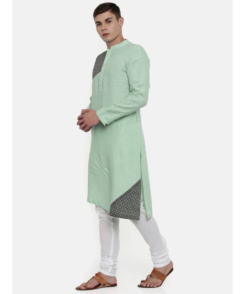 Mayank Modi Pastel Green Linen Detail Kurta