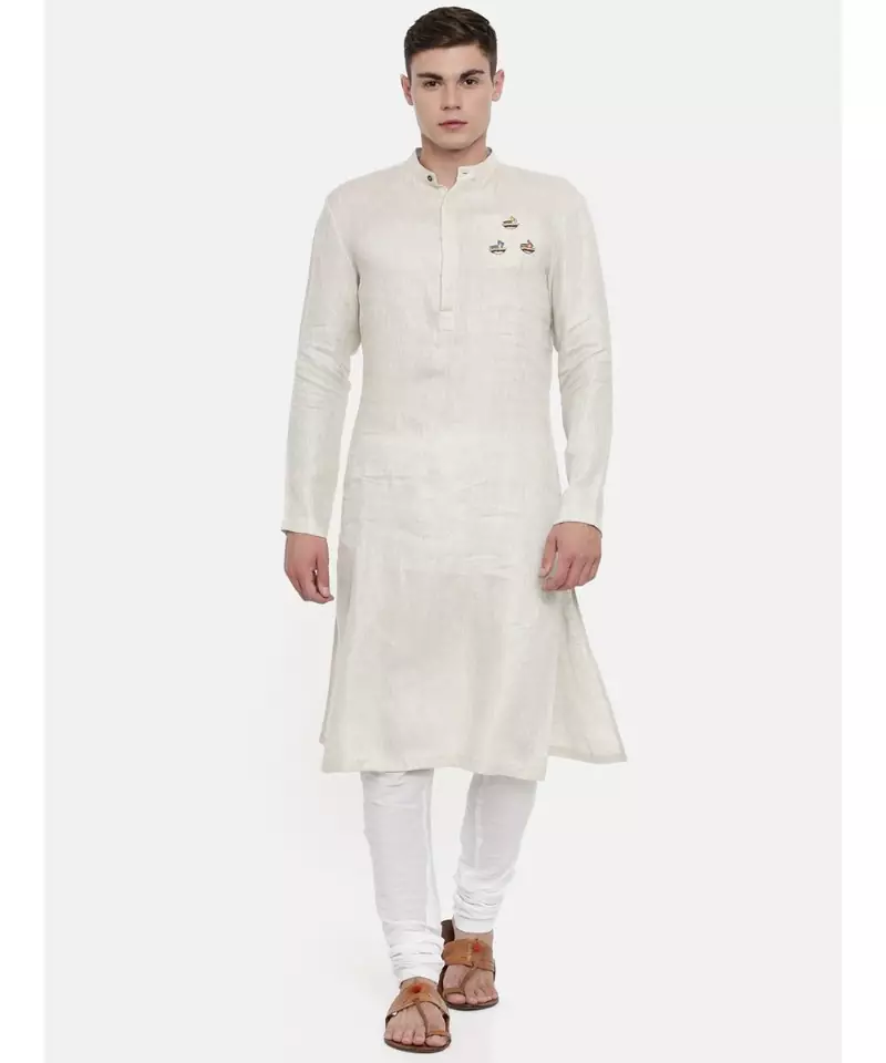 Mayank Modi Beige Linen Embroidered Kurta