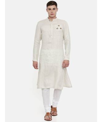 Mayank Modi Beige Linen Embroidered Kurta 1