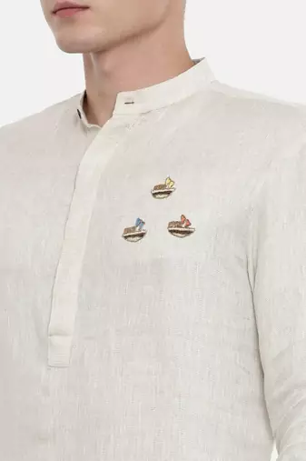 Mayank Modi Beige Linen Embroidered Kurta