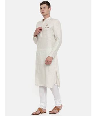 Mayank Modi Beige Linen Embroidered Kurta 3