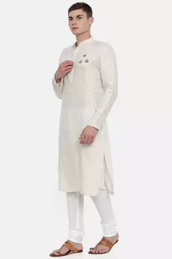 Mayank Modi Beige Linen Embroidered Kurta