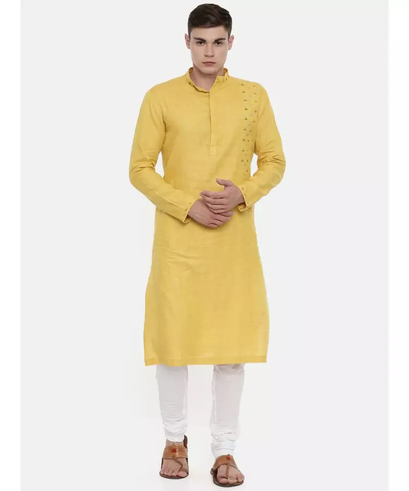 Mayank Modi Yellow Linen Embroidered Kurta