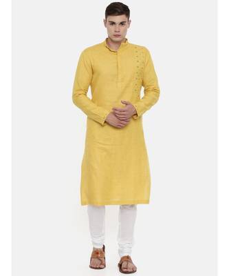 Mayank Modi Yellow Linen Embroidered Kurta 1