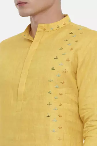 Mayank Modi Yellow Linen Embroidered Kurta