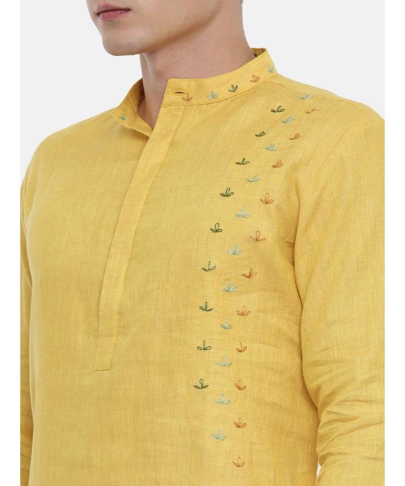 Mayank Modi Yellow Linen Embroidered Kurta