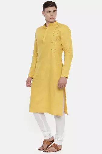 Mayank Modi Yellow Linen Embroidered Kurta