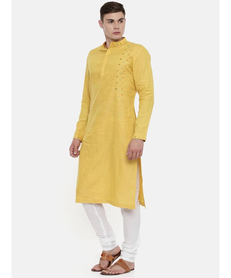 Mayank Modi Yellow Linen Embroidered Kurta