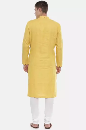 Mayank Modi Yellow Linen Embroidered Kurta