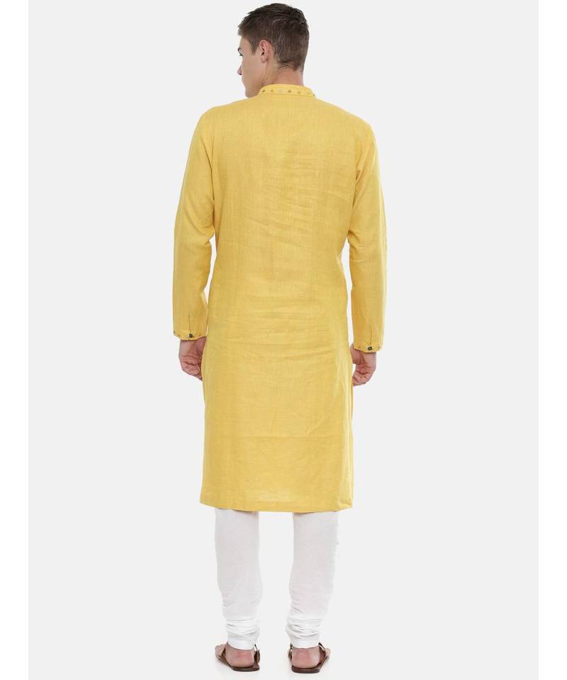 Mayank Modi Yellow Linen Embroidered Kurta