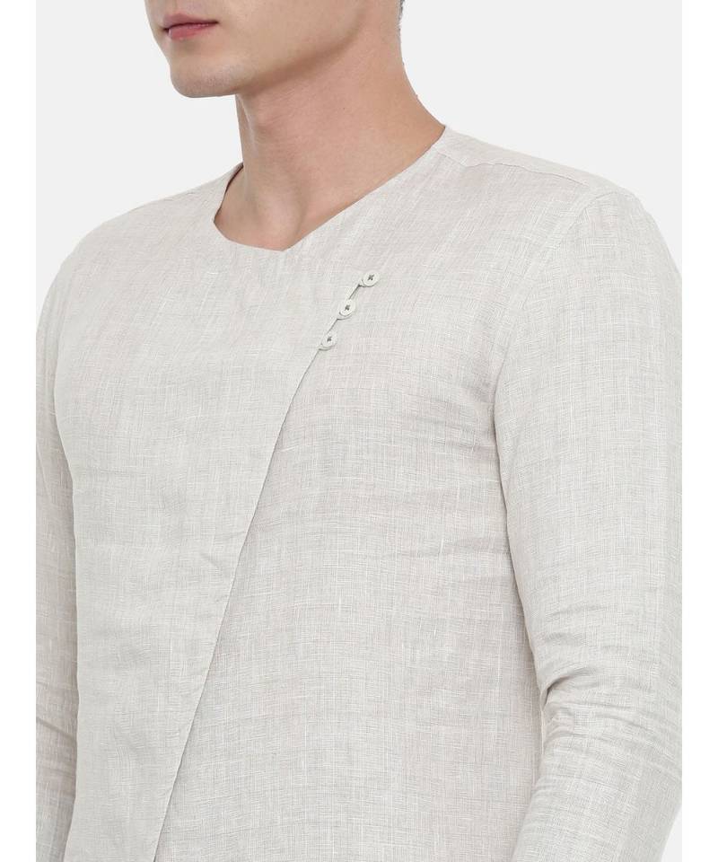 Mayank Modi Beige Chex Clasic Cut Linen Kurta