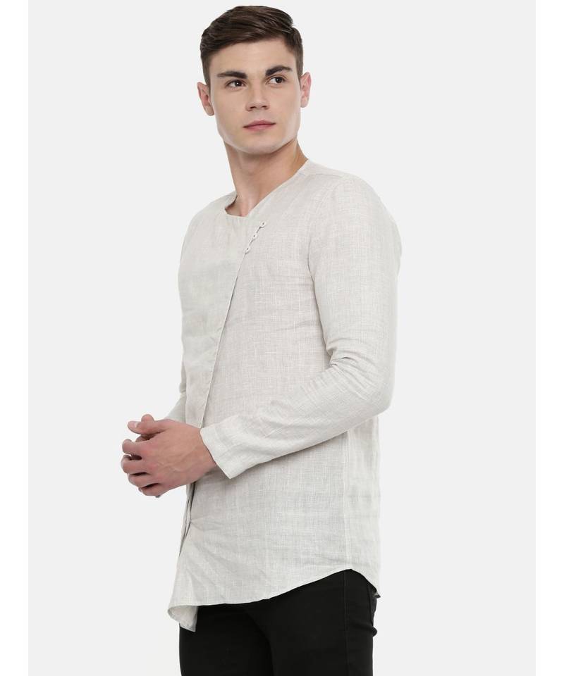 Mayank Modi Beige Chex Clasic Cut Linen Kurta