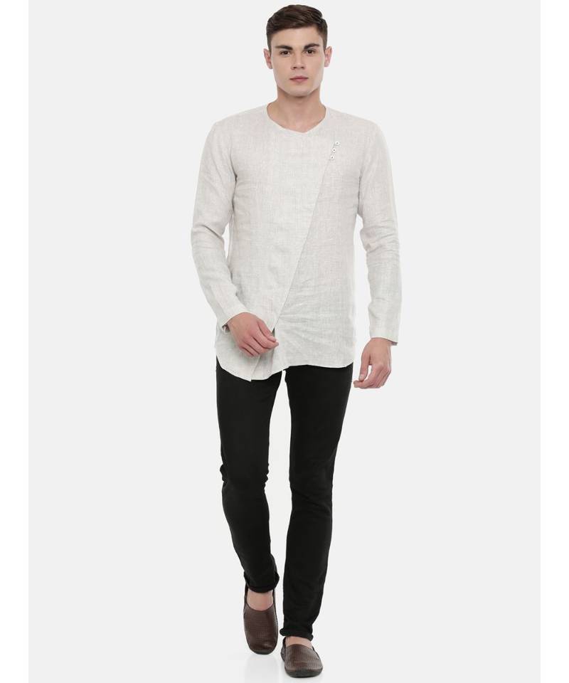 Mayank Modi Beige Chex Clasic Cut Linen Kurta