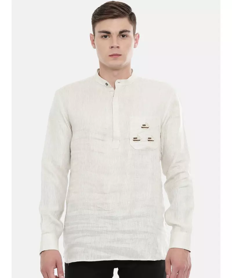 Mayank Modi Classic Beige Linen Embroidered Kurta