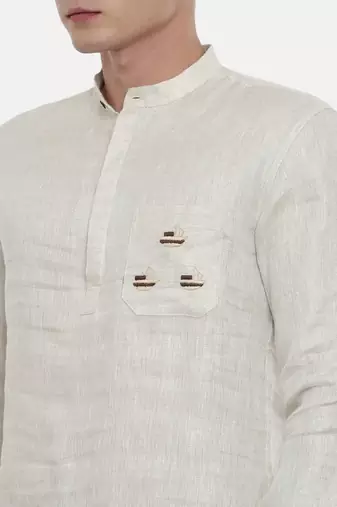 Mayank Modi Classic Beige Linen Embroidered Kurta