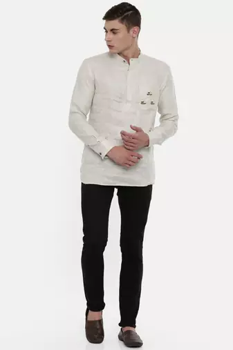 Mayank Modi Classic Beige Linen Embroidered Kurta