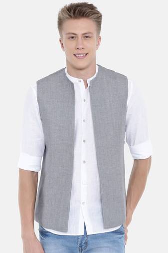 Mayank Modi Classic Grey Short Linen Open Jacket