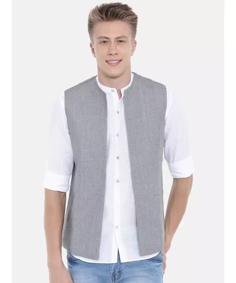 Mayank Modi Classic Grey Short Linen Open Jacket
