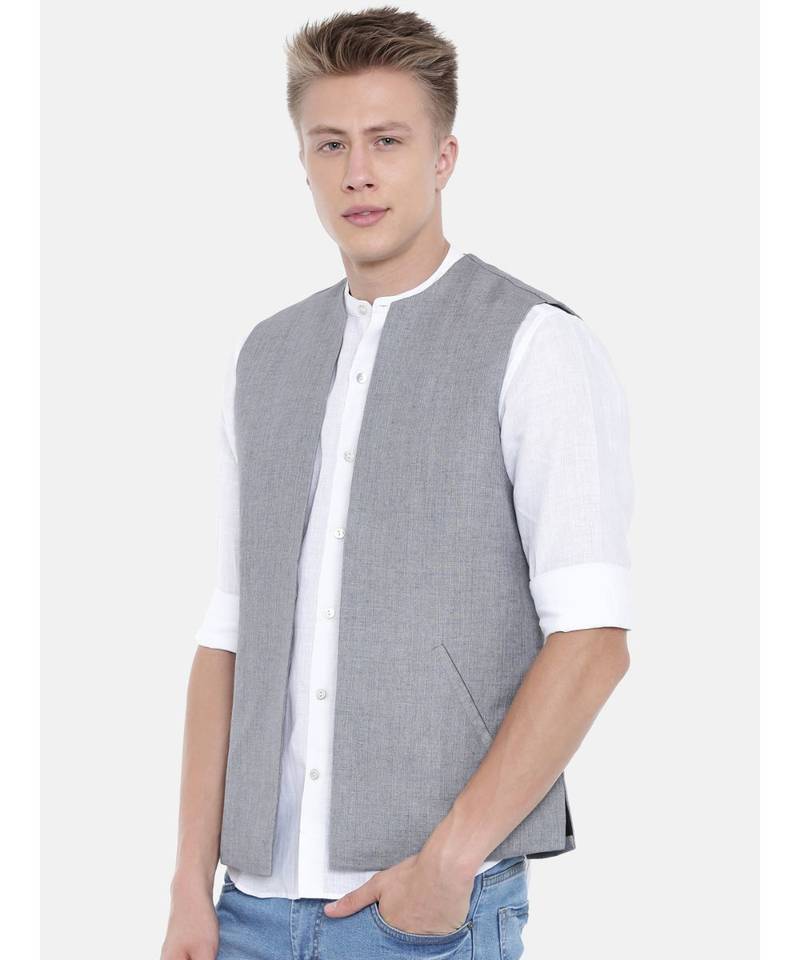 Mayank Modi Classic Grey Short Linen Open Jacket