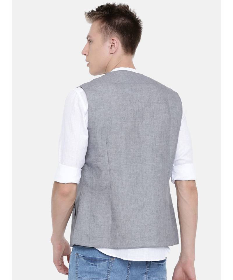 Mayank Modi Classic Grey Short Linen Open Jacket