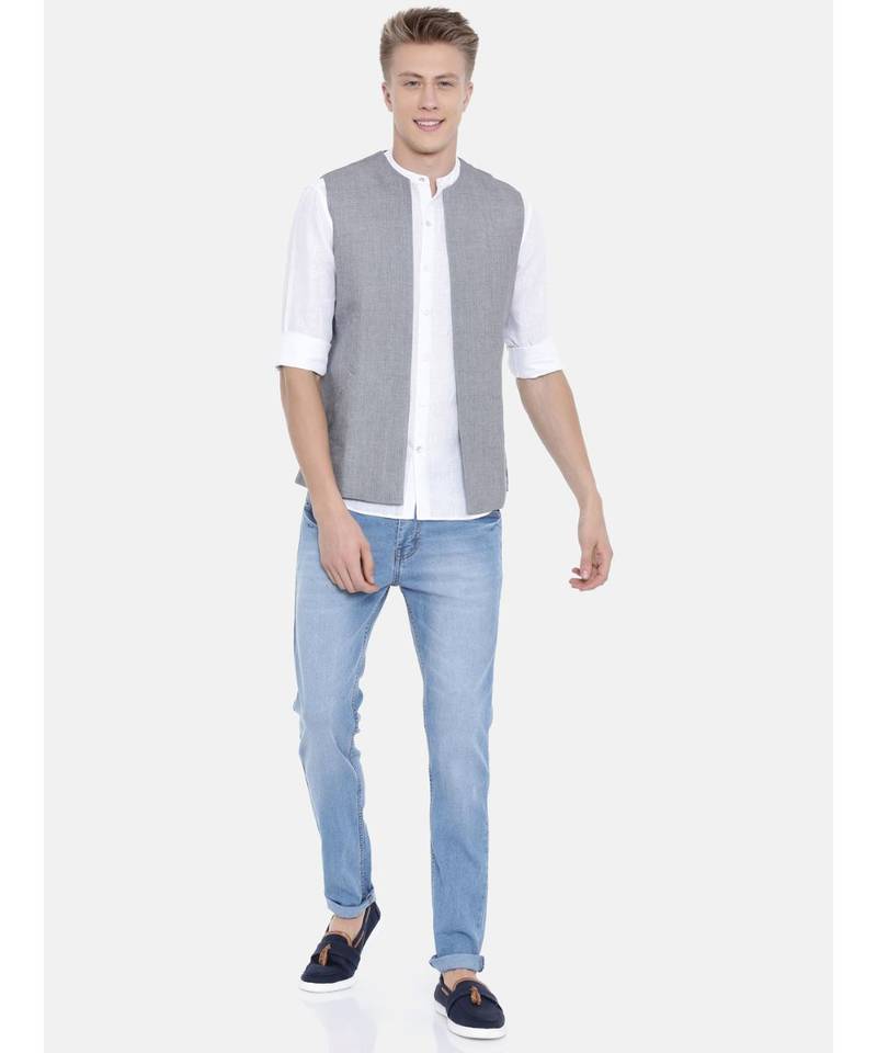 Mayank Modi Classic Grey Short Linen Open Jacket