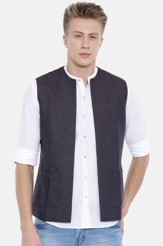 Mayank Modi Deep Purple Short Linen Open Jacket