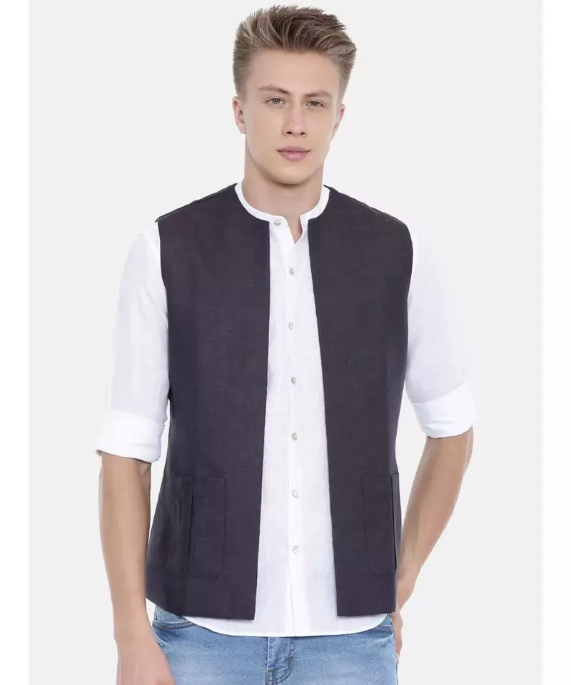 Mayank Modi Deep Purple Short Linen Open Jacket
