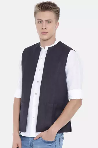Mayank Modi Deep Purple Short Linen Open Jacket