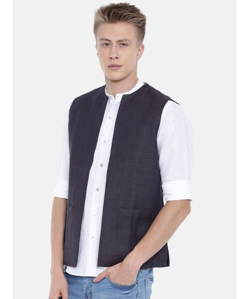 Mayank Modi Deep Purple Short Linen Open Jacket