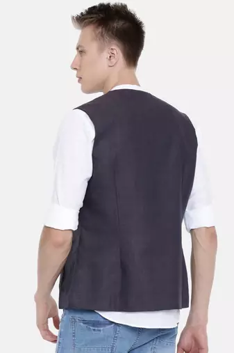 Mayank Modi Deep Purple Short Linen Open Jacket