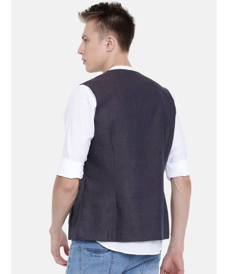 Mayank Modi Deep Purple Short Linen Open Jacket