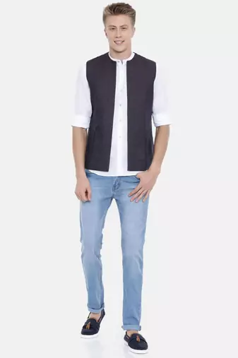 Mayank Modi Deep Purple Short Linen Open Jacket