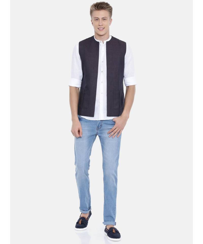 Mayank Modi Deep Purple Short Linen Open Jacket