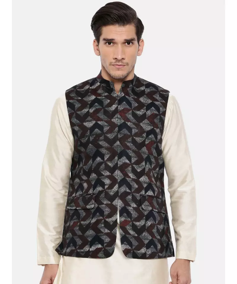 Mayank Modi Brown/Blue Linen Geometric Print Modi Jacket