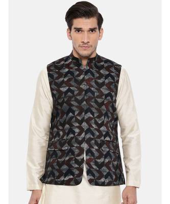 Mayank Modi Brown/Blue Linen Geometric Print Modi Jacket 1