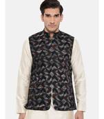 Mayank Modi Brown/Blue Linen Geometric Print Modi Jacket