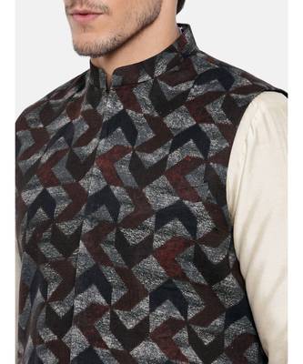 Mayank Modi Brown/Blue Linen Geometric Print Modi Jacket 2