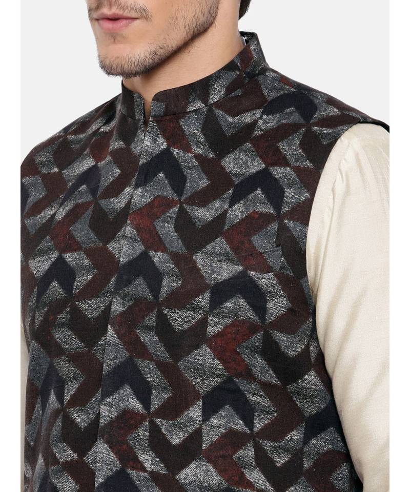 Mayank Modi Brown/Blue Linen Geometric Print Modi Jacket