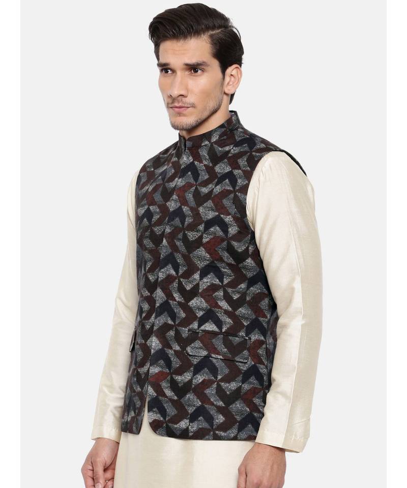 Mayank Modi Brown/Blue Linen Geometric Print Modi Jacket