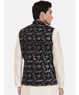 Mayank Modi Brown/Blue Linen Geometric Print Modi Jacket 4