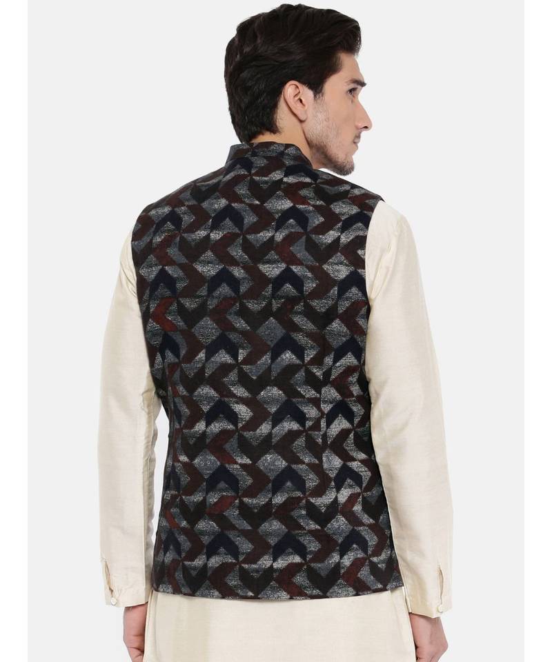 Mayank Modi Brown/Blue Linen Geometric Print Modi Jacket
