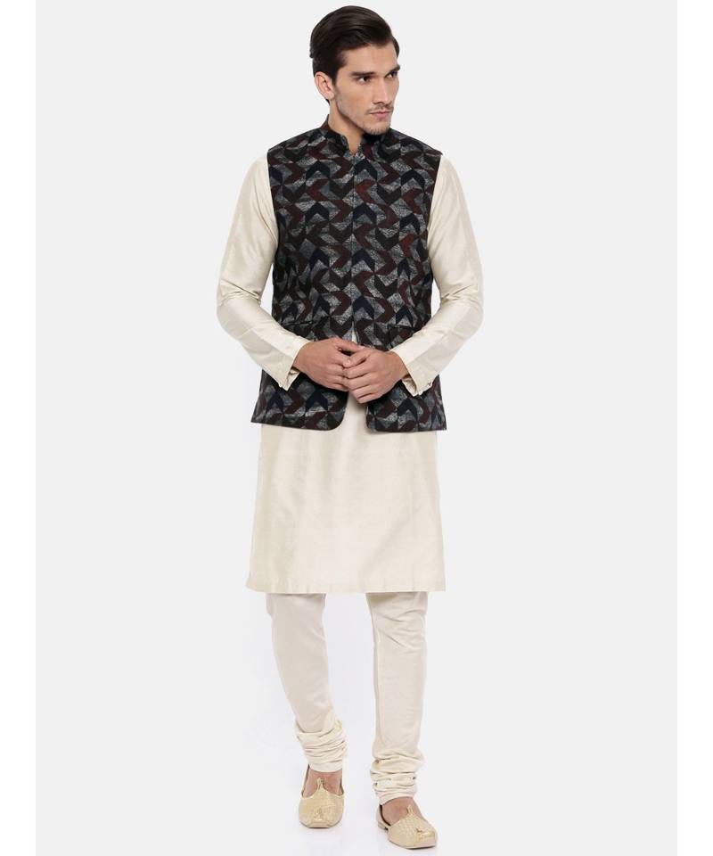 Mayank Modi Brown/Blue Linen Geometric Print Modi Jacket