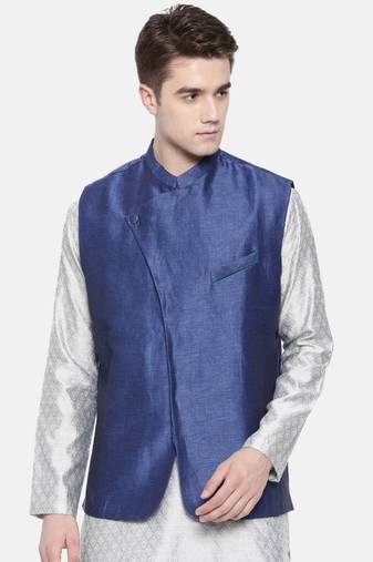 Mayank Modi Linen/Silk Blue Nehru Jacket