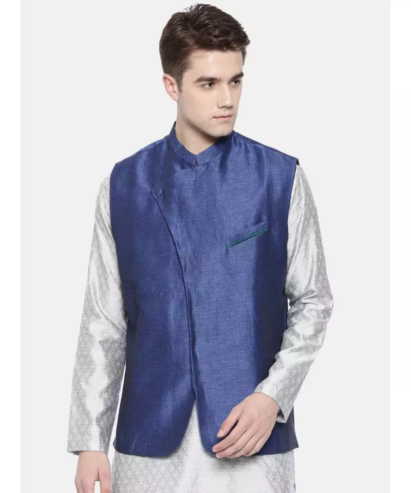 Mayank Modi Linen/Silk Blue Nehru Jacket