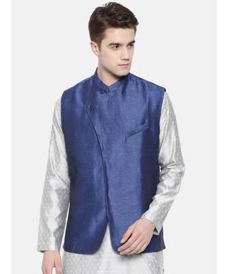 Mayank Modi Linen/Silk Blue Nehru Jacket 1