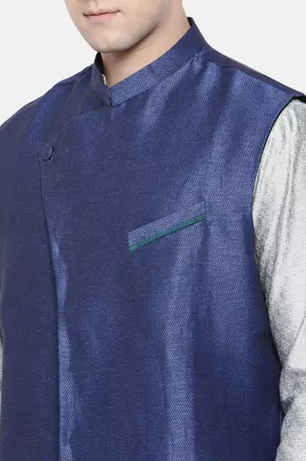 Mayank Modi Linen/Silk Blue Nehru Jacket