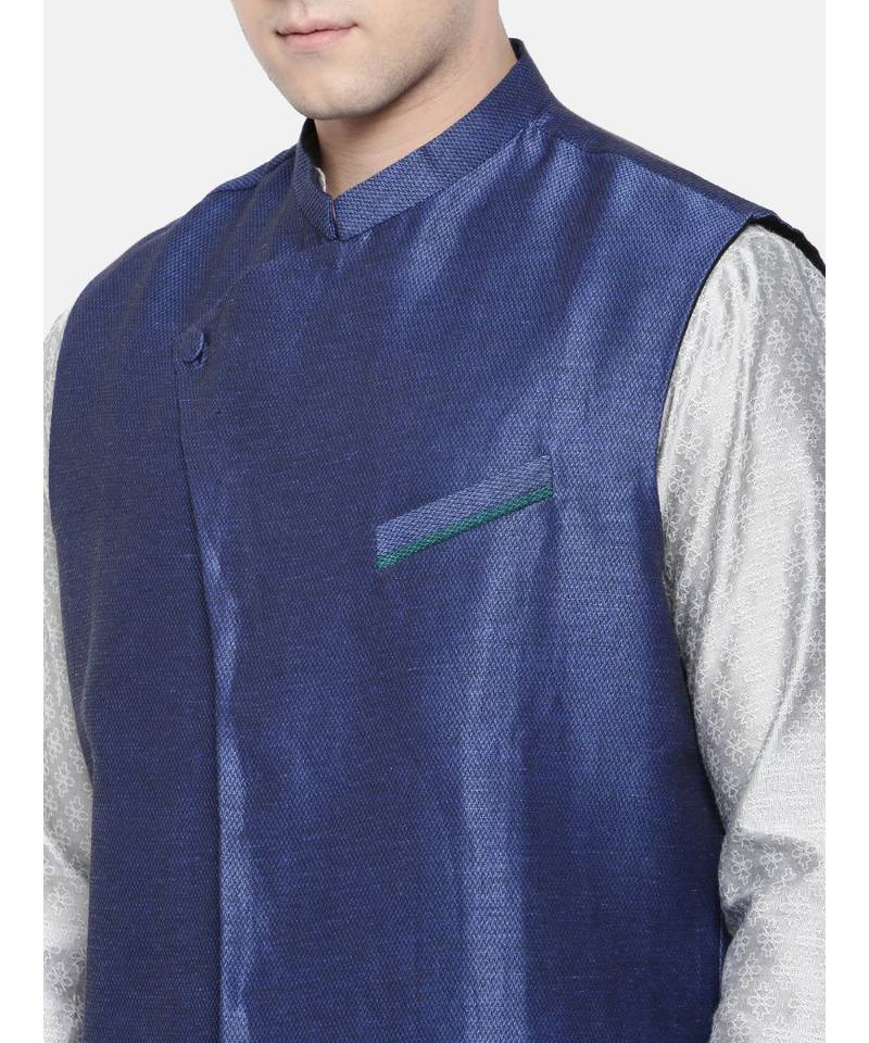 Mayank Modi Linen/Silk Blue Nehru Jacket