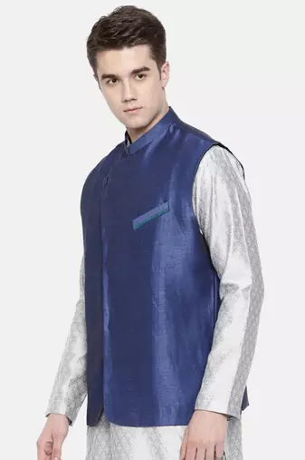 Mayank Modi Linen/Silk Blue Nehru Jacket