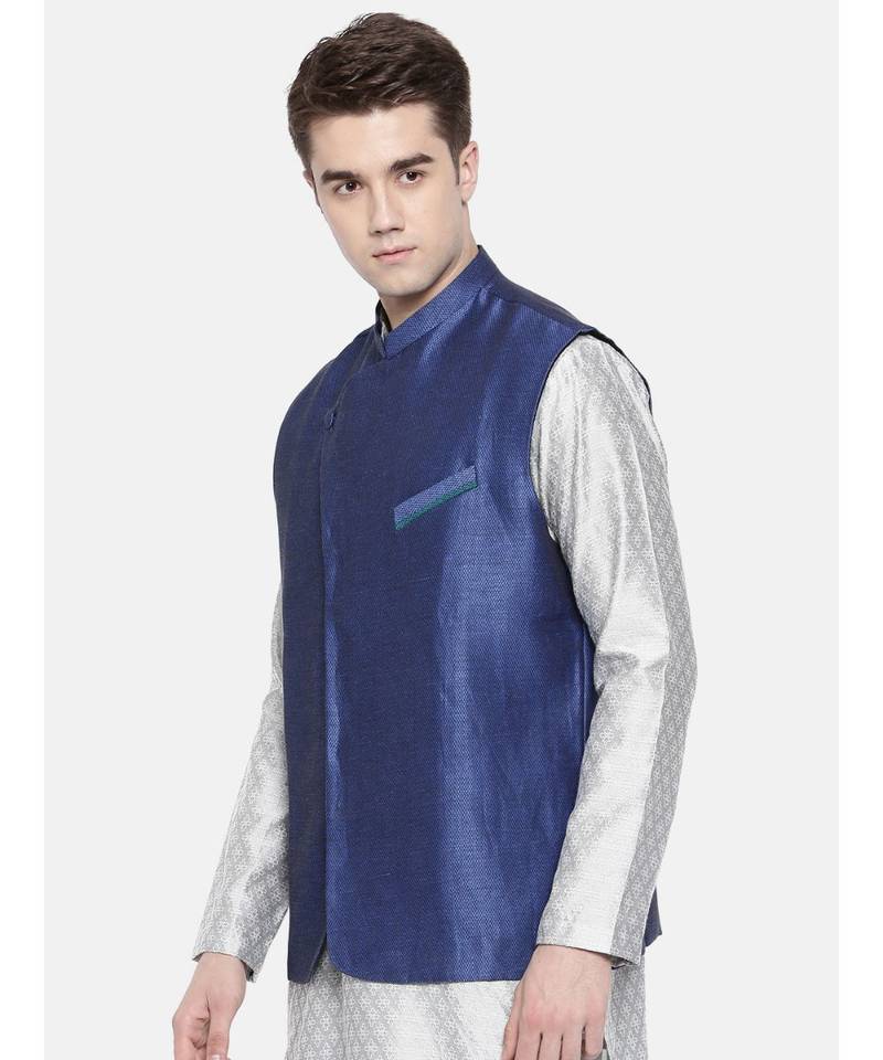 Mayank Modi Linen/Silk Blue Nehru Jacket
