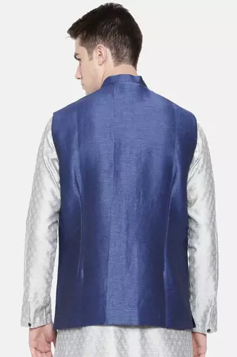 Mayank Modi Linen/Silk Blue Nehru Jacket
